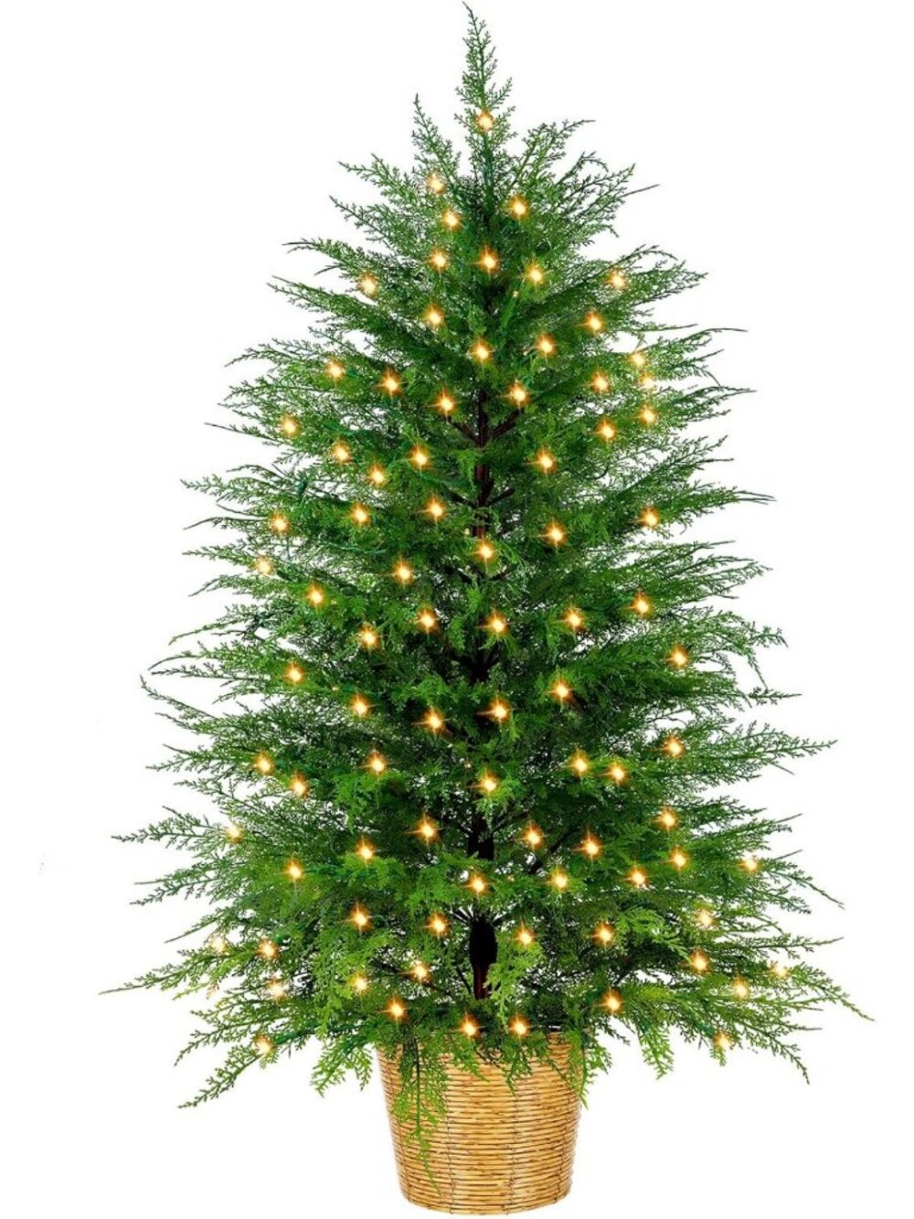 4FT Prelit Faux Cedar Christmas Tree in Wicker Basket - Indoor/Outdoor Holiday